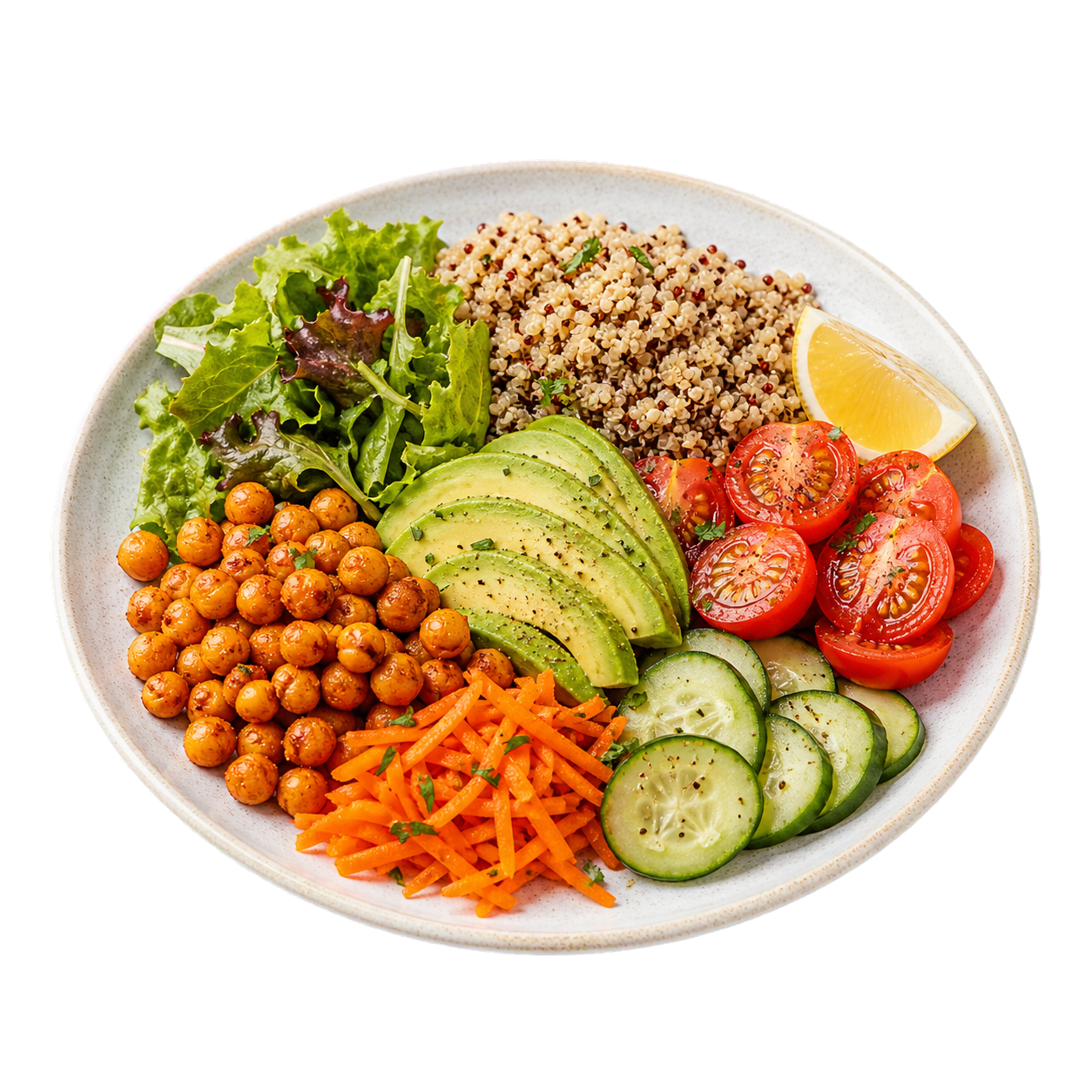 Plato saludable vegetariano con quinoa, aguacate, garbanzos y vegetales